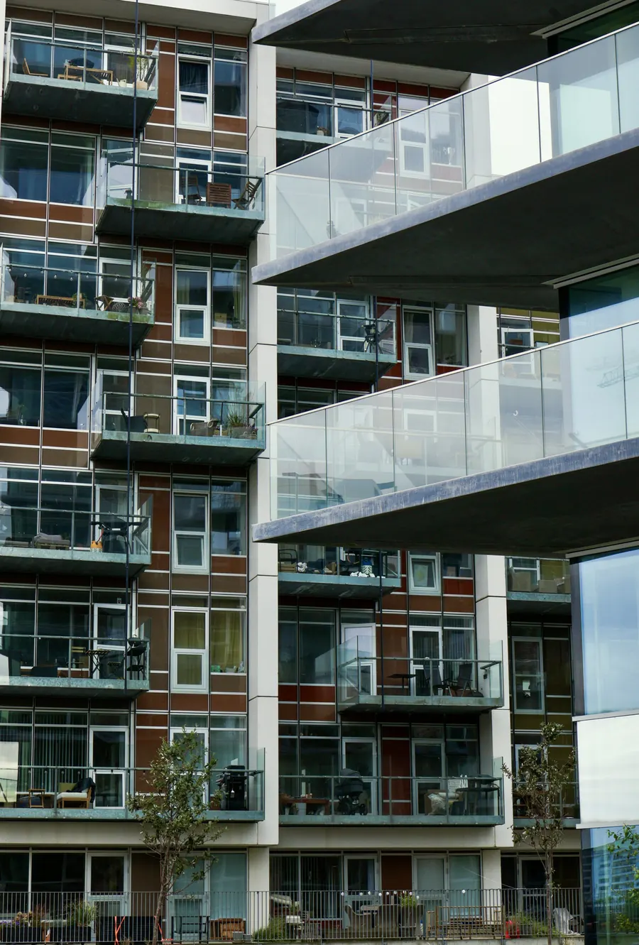 Grid of balconies on a modern apartment building
