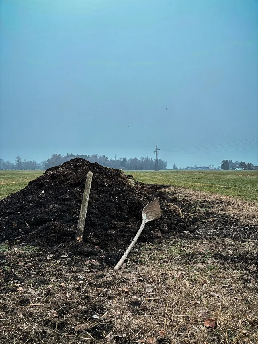 Spade leaning against a mound of earth in a winter field